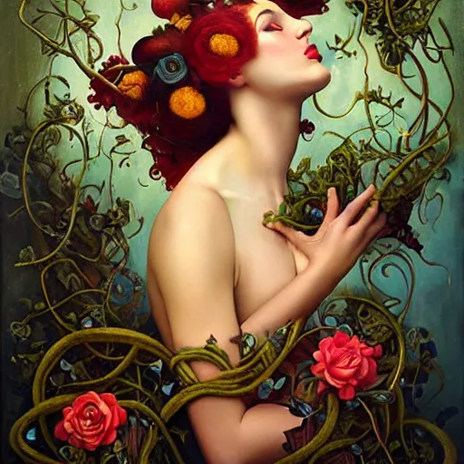 Prompt: dynamic composition, a painting of woman with hair of ( summer flowers )!! and vines wearing ornate earrings, ornate gilded details, a surrealist painting by tom bagshaw and jacek yerga and tamara de lempicka and jesse king, featured on cgsociety, pop surrealism, surrealist, dramatic lighting, wiccan, pre - raphaelite