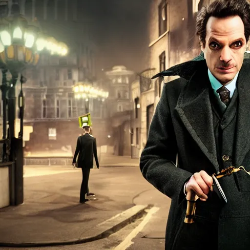 Prompt: [UHD candid photo of Professor Moriarty on the streets of futuristic steampunk London, correct face, accurate details, graphic detail, sharp focus by Annie Leibowitz]