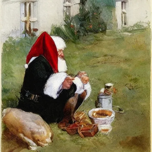 Prompt: a rabbit dressed as santa is eating porridge outside a cottage, in the style of anders zorn