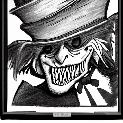 Image similar to a Pop Wonder scary horror themed goofy-hilarious-character Mad-Hatter-babadook-wearing a scarf, 3-piece-suit, dime-store-comic drawn with charcoal and pen and ink, half-tone-line-stacking