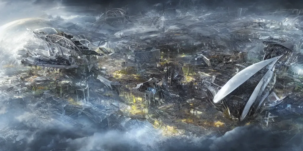 Image similar to future forest city attacked by spaceship, concept art, tornado, war,