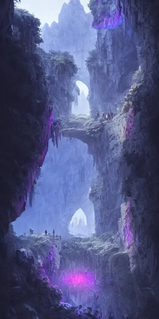 Image similar to Gorge in the mountain, white stone temple ruins, night dramatic lighting, blue and purple tones, wide camera angle, matte painting, trending on ArtStation, concept art, delightful surroundings, high detail, sharp contrast, picturesque