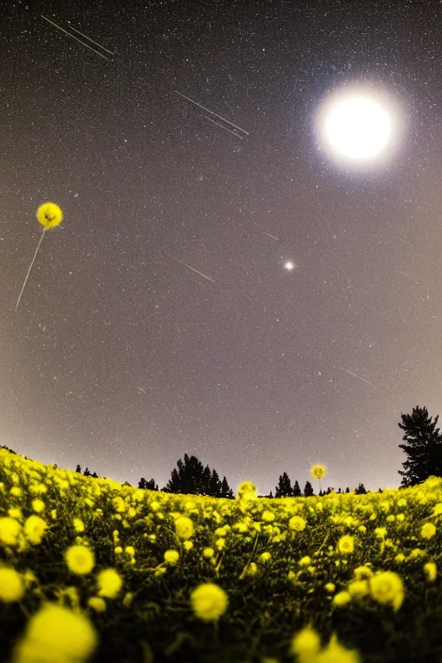 Prompt: low angle, shot from below. two very large moons in night sky. milky way in the night sky. intensive meteor shower. 3 0 second shot. field of big frozen yellow flowers. f 1. 8 lens, lens flare, bokeh. high detail