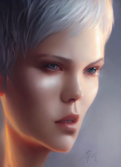 Image similar to girl with short white hair, beautiful highly detailed face, complementary lighting, backlit, divine, beautiful painting by artgerm and greg rutkowski and raymond swanland