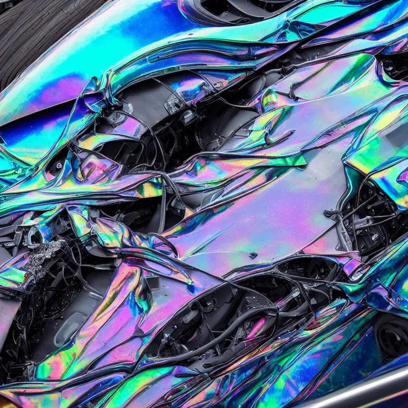 Image similar to close - up of an iridescent rainbow pagani huayra after crashing into a swimming pool, 4 k, highly detailed, award winning, look at all that detail!