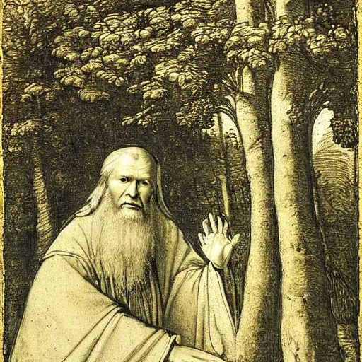 Image similar to St. Seraphim of Sarov talking to a bear in the woods by Leonardo Da Vinci