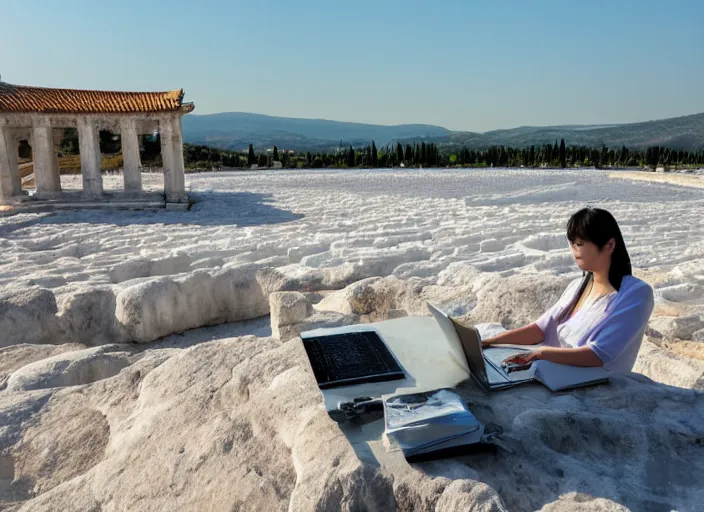 Image similar to Lee Jin-Eun hacking a laptop at Pamukkale by WLOP, rule of thirds, seductive look, beautiful, masterpiece, Refined