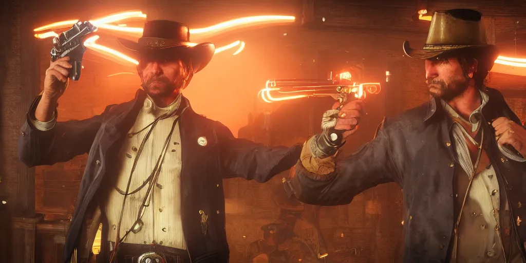 Image similar to a futuristic cowboy holding a glowing revolver to his enemies in a steampunk themed bar, red dead redemption 2, trending on artstation, digital art, award winning, cinematic lightning, god rays