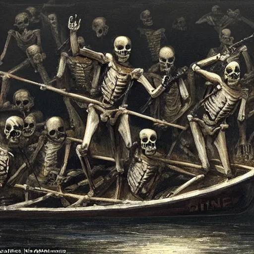 Image similar to action scene : an army of skeletons rising from the warter, climbiong on top of a rowing boat on which two suited gentleman stand. one of the gentleman raises his arm, channeling a blinging light, by alfred stevens, charcoal