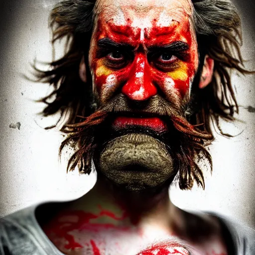 Image similar to film still photo portrait of a crazed homeless beaten up ronald mcdonald with heavy wrinkles and a beard, realistic, hyperrealistic, 8 k resolution, hd quality, very detailed, highly detailed, intricate details, real life, real world, trending on artstation, digital art, really realistic, very realistic, headshot, head in frame, photograph, portrait