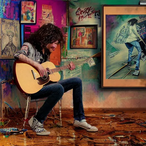 Prompt: pretty punk rock young man mid 20s with messy very long curly dark brown hair and a band tee painting in a vintage 80s artist studio interior, old wood floors, musical instruments and band posters, messy maximalist interior, warm, painting by Craig Mullins, octane rendering, soft morning lighting, wide angle lens, low view, in the style of Hayao Miyazaki, trending on artstation,