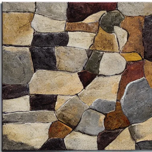 Prompt: masterpiece painting of thousands of three - quarter angle square rocky shapes emerging in rich earthy tones. abstract quality with an engineering feel. wind blown. even light.