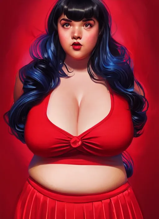 Image similar to full body portrait of teenage veronica lodge, obese, bangs, sultry, realistic, sultry smirk, wavy hair, red skirt, fat, belly, intricate, elegant, glowing lights, highly detailed, digital painting, artstation, concept art, smooth, sharp focus, illustration, art by wlop, mars ravelo and greg rutkowski