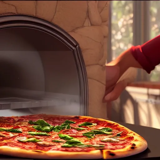 Image similar to man is surprised opening a pizza oven, discovers pizza, photo by artgerm, greg rutkowski and alphonse mucha, unreal engine 5, 4 k uhd