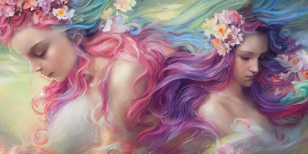 Image similar to a colorful and provenance portrait painting of a angel with her huge flowers wings spread out gracefully ， detailed, highly detailed, hair made of hair made of air wind and curling smoke, mist, dust, genie, flowers, flower, stars, spirit fantasy concept art ， art by charlie bowater and aenami, trending on artstation.