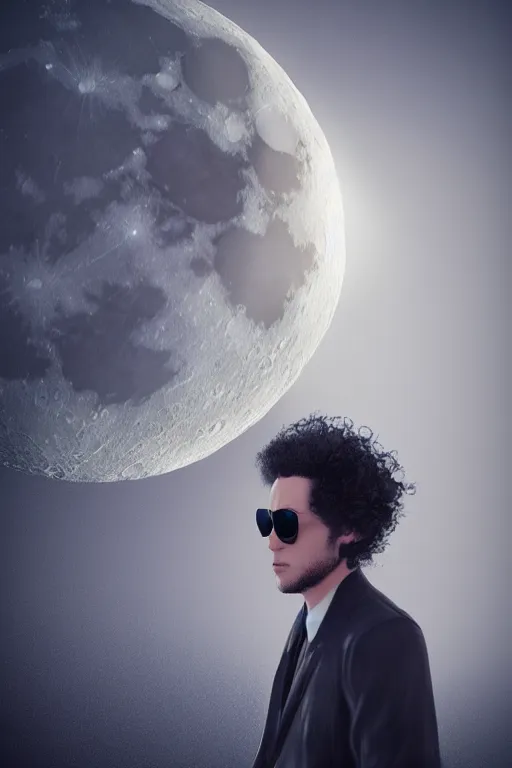 Prompt: the Moon with long curly hair and sunglasses, wearing a formal overcoat, portait photo profile picture, hyperrealistic concept art, octane render, unreal engine 5, digital art hi