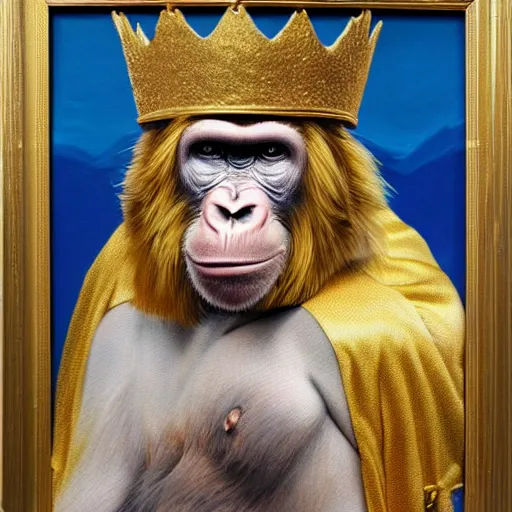 Image similar to oil painting of an ape with a golden crown and robes sat on a bed in A Bed bath and beyond store, incredibly detailed, insanely detailed, award winning art
