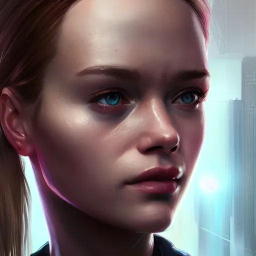 Prompt: portrait of chloe from detroit - become human by artgerm, close up, portrait, cinematic, elegant, artstation, intricate, highly detailed, digital painting, artstation, concept art, sharp focus, illustration, cyberpunk, cgsociety, 8 k