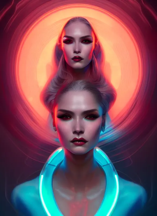 Image similar to portrait of female humanoid from 6 0 s era, intricate, elegant, cyber neon lights, highly detailed, digital painting, artstation, glamor pose, concept art, smooth, sharp focus, illustration, art by artgerm and greg rutkowski