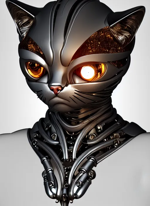 Prompt: portrait of a cyborg cat assembled from many metal parts by Artgerm, biomechanical, hyper detailled, cinematic lighting, trending on artstation