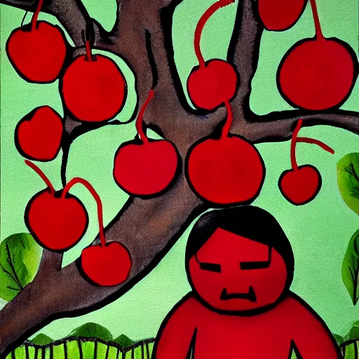 Prompt: Red man Sad, crying, cherry tree, cherries