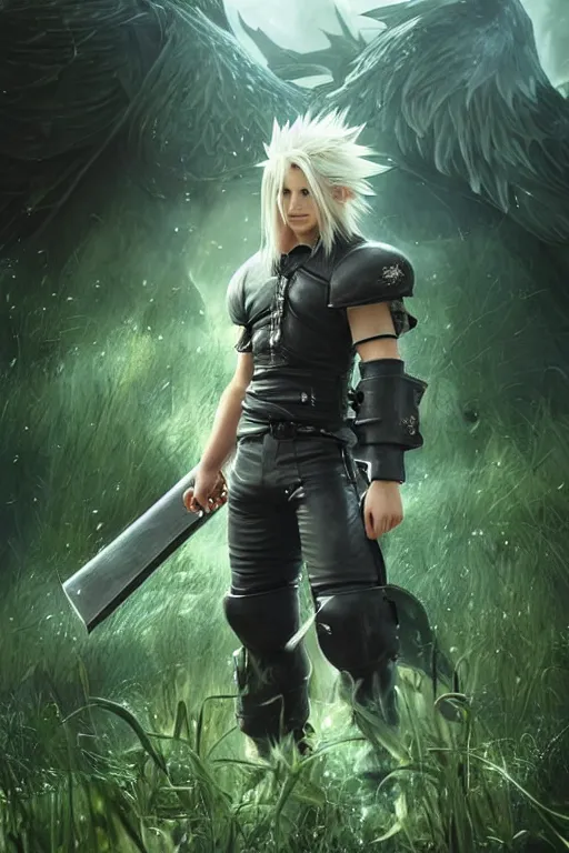 Prompt: cloud from final fantasy 7, battle stance , highly detailed, in a magical lush field of overgrown plants, digital painting, artstation, concept art, smooth, sharp focus, illustration, cinematic lighting, art by artgerm and greg rutkowski and Annie Leibowitz