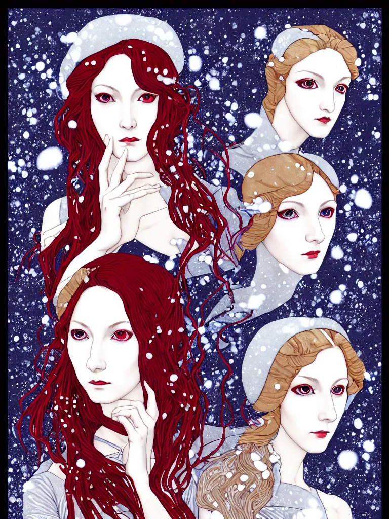 Prompt: triad of winter muses as december, january, and february, style mix of æon flux, shepard fairey, botticelli, ivan bilibin, john singer sargent, pre - raphaelite, shoujo manga, harajuku fashion, dormant nature, snow, ice, stark colors, superfine inking, ethereal, 4 k photorealistic, arnold render