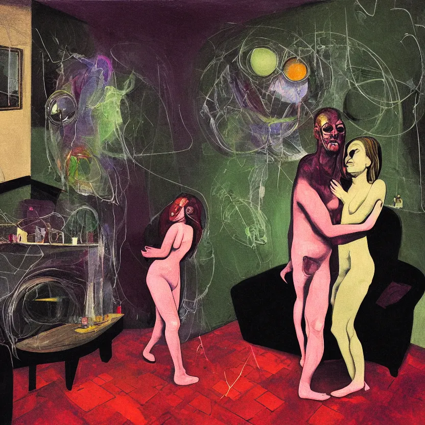 Image similar to Closeup portrait of man and woman feeling love in the living room of a house, floating dark energy surrounds them. There is one plant to the side of the room, surrounded by a background of dark cyber mystic alchemical transmutation heavenless realm, fish eye lens, expressionist artwork by francis bacon and Jenny seville, midnight hour, part by adrian ghenie, part by jeffrey smith, part by josan gonzales, part by boris vallejo, part by norman rockwell, part by phil hale, part by kim dorland, artstation, highly detailed