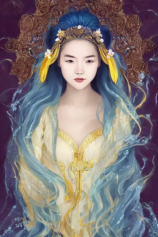 Image similar to a beautiful young asian woman, Queen of the Sea Mu Yanling, long flowing white hair, blue yellow robe with wide feather like quality, water flowing and floating around, young female face, liquid magic, cinematic top lighting, insanely detailed and intricate, face by wlop, Charlie Bowater, golden ratio, symmetric, elegant, ornate, luxury, elite, matte painting, MTG, magic the gatheing, cinematic, cgsociety, 8k, high resolution,