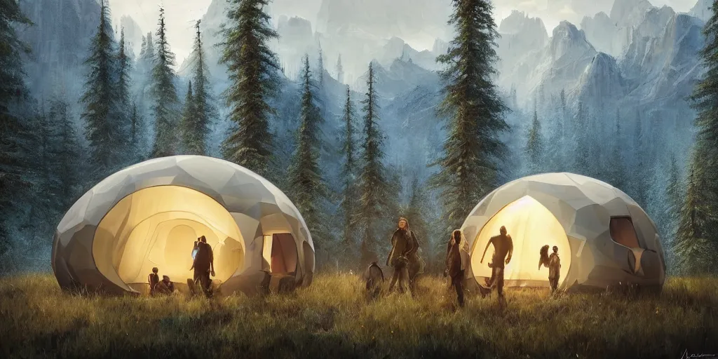 Image similar to cabela's tent futuristic pop up family pod, cabin, modular, person in foreground, mountainous forested wilderness open fields, beautiful views, painterly concept art, joanna gaines, environmental concept art, farmhouse, magnolia, concept art illustration by ross tran, by james gurney, by craig mullins, by greg rutkowski trending on artstation