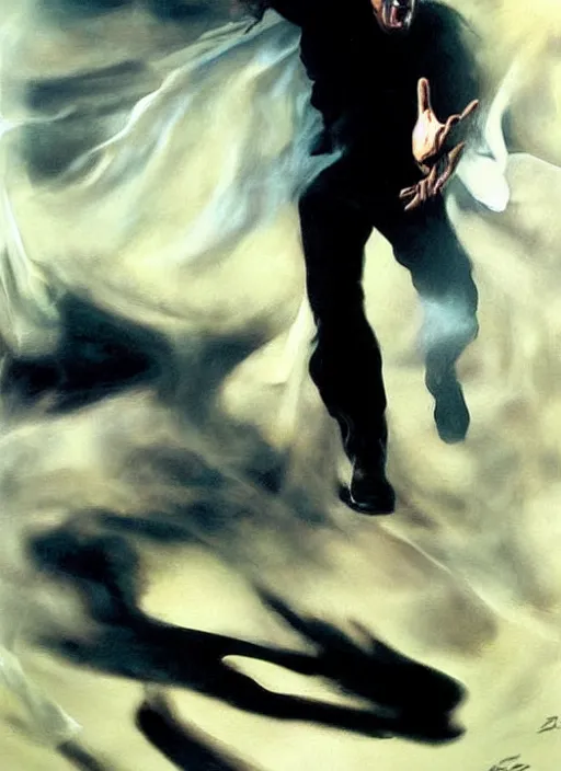 Prompt: zak bagans fighting a ghost, waving white sheet, enraged, painting by phil hale, 'action lines'!!!, graphic style, visible brushstrokes, motion blur, blurry