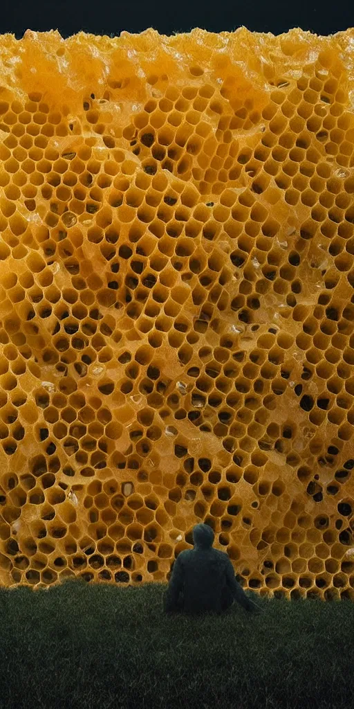 Image similar to real honeycomb organic building with dripping honey by tomas gabzdil libertiny sitting on the field, film still from the movie directed by denis villeneuve arrival movie aesthetic with art direction by zdzisław beksinski, telephoto lens, shallow depth of field