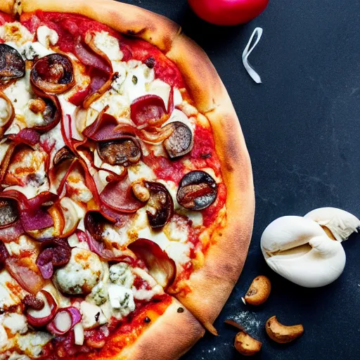 Prompt: promotional portrait photo of a delicious pizza with mozzarella, chorizo, mushrooms, bacon, blue cheese, meat balls, red onions, uhd, 8 k, award winning, commercial,