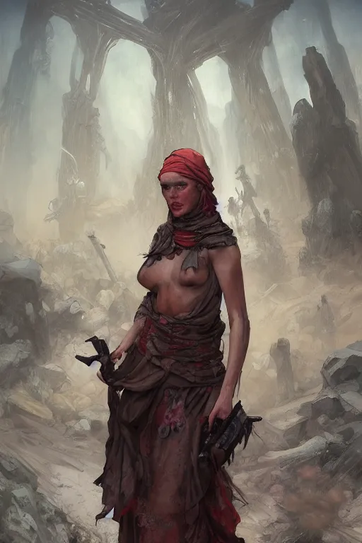 Image similar to a full body portrait of a beautiful post apocalyptic offworld sorcerer ’ s district bedouin blind pulp fiction scarlet wild rogue barbarian leper begging by the roadside, intricate, elegant, highly detailed, digital painting, artstation, concept art, smooth, sharp focus, illustration, art by krenz cushart and artem demura and alphonse mucha