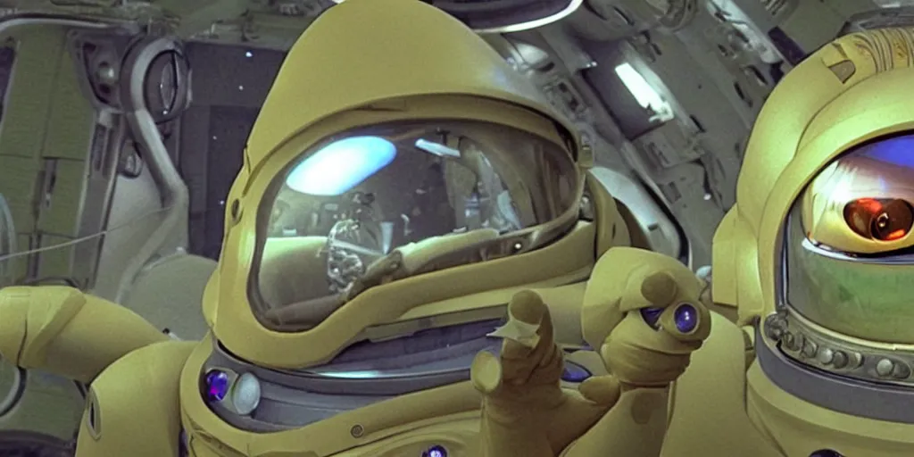 Image similar to lightning bug descendant 1 million in the future has hands and a mouth with big eyes. the bug wears a spacesuit, and explores the cosmos in a spaceship. science fiction blockbuster movie bugs save the planet or the bug from saturn, silent running ( film ), sttng ( television ), arrival ( film ), lightyear ( film )
