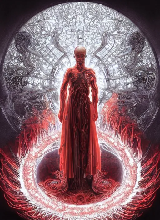 Image similar to cthonic resonance, red and white fractal glowing eyes, genetically augmented pale white young man wreathed in white gold flames, tracing the central nervous system throughout his body, fantasy, extremely detailed, digital painting, artstation, concept art, smooth, sharp focus, illustration, stunning lighting, art by artgerm and greg rutkowski and alphonse mucha and simon stalenhag, realistic character concept, high fantasy, dark atmosphere, golden ratio, cinematic lighting, hyperdetailed, high resolution, insanely detailed and intricate, artstation, Marc Simonetti, Greg Rutkowski, 8k