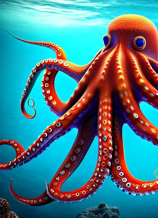 Image similar to detailed image of trident octopus's hunting, kid snorkeling, very coherent symmetrical artwork, cinematic, hyper realism, high detail, octane render, unreal engine, 8k, full body character drawing, clean ink detailed line drawing, intricate detail, extremely detailed.