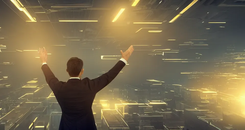 Image similar to Dramatic photo of a CEO waving to a large group of his coworkers in a futuristic office. Golden coins are levitating all around them. 8k, high detail, trending on Artstation, volumetric lighting, cyberpunk