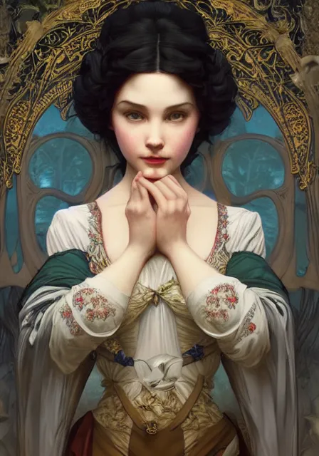 Image similar to snow white, intricate, elegant, highly detailed, digital painting, artstation, concept art, smooth, sharp focus, illustration, art by artgerm and greg rutkowski and alphonse mucha and william - adolphe bouguereau