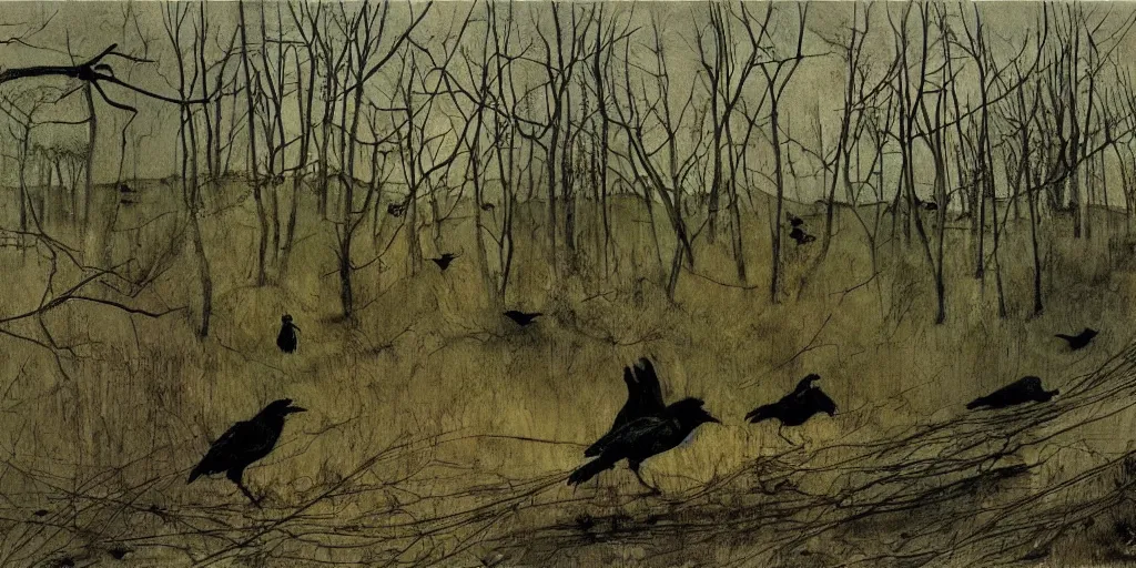 Prompt: the creepy witch with crows, out in the dark woods, a painting by Andrew Wyeth