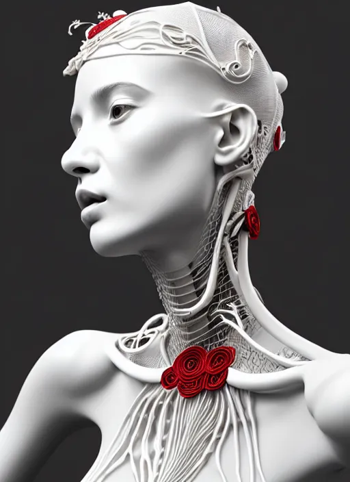 Prompt: complex 3d render ultra detailed of a beautiful porcelain profile young woman face, biomechanical cyborg, 200 mm lens, beautiful studio soft light, rim light, silver white gold red details, magnolia big leaves achromatic and stems, roots, fine foliage lace, mesh wire, Alexander Mcqueen high fashion haute couture, art nouveau fashion embroidered, intricate details, hyper realistic, ultra detailed, mandelbrot fractal, anatomical, facial muscles, cable wires, microchip, elegant, octane render, H.R. Giger style, volumetric lighting, 8k post-production, trending on Artstation