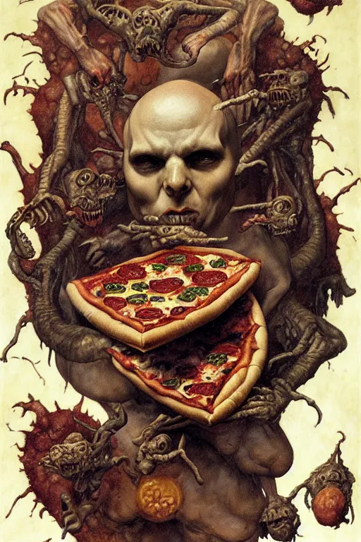 Prompt: an pizza in the style of wayne barlowe, gustav moreau, goward, bussiere, roberto ferri, santiago caruso, luis ricardo falero, austin osman spare