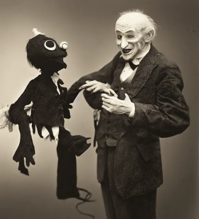 Image similar to hyper realistic old photography of lunatic mad ventriloquist old man with terrific haunted puppet