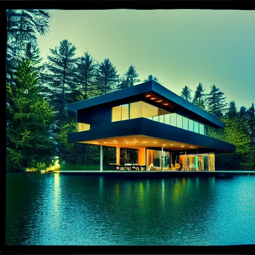 Prompt: modern house on the lake, artwork by denis villeneuve, mystic, melancholy, pinhole analogue photo quality, lomography, blur, unfocus, cinematic, foil effect, holographic effect