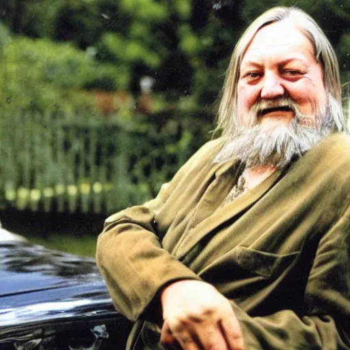 Prompt: robert wyatt sitting and proudly holding a gremlin