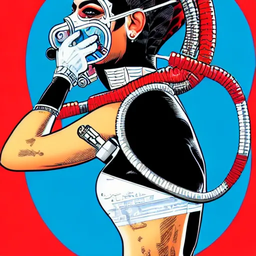 Prompt: a profile photo of a egyptian woman with a diving oxygen mask with side profile blood in ocean intricate details by MARVEL comics and Sandra Chevrier-C