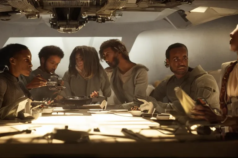 Image similar to movie closeup diverse interracial small team of European sci-fi futuristic space explorers talking at the table in a spaceship kitchen, beautiful skin, Symmetrical faces. Beautiful lighting by Emmanuel Lubezki