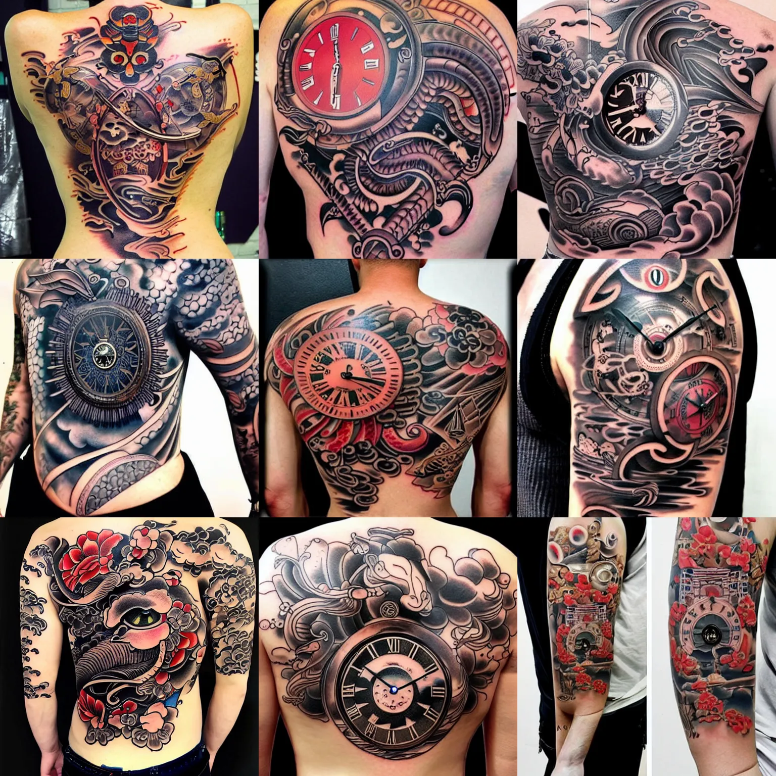 Prompt: elaborate full - back irezumi tattoo of a clock, tattoo parlor photo, realistic and coherent