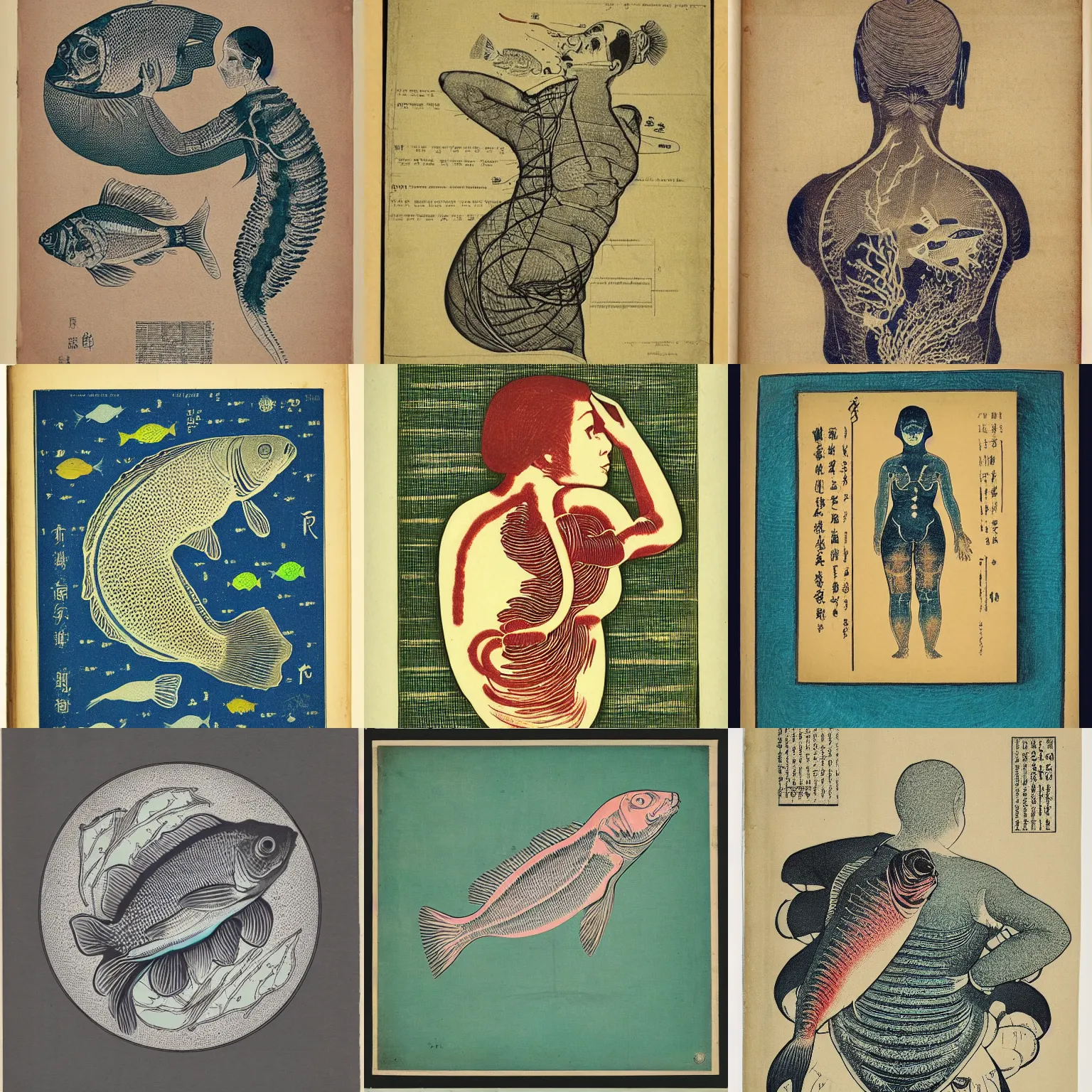 Prompt: “x-ray of a woman with aquarium fish in her stomach, catalog drawing colorful woodblock print, vintage medical journal”