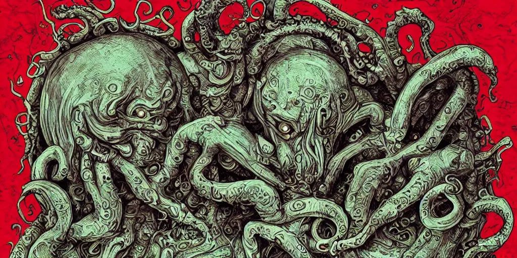 Image similar to cosmic horror, hd, music, human, trumpet, musician, biological indicators, cthulhu ( fictional divinity created by h. p. lovecraft ), elegant, drugs, history book, written in red